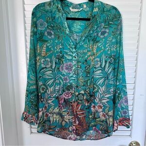 Soft Surroundings Boho Button Down Flowy Green Floral Blouse Top Shirt Sz Med